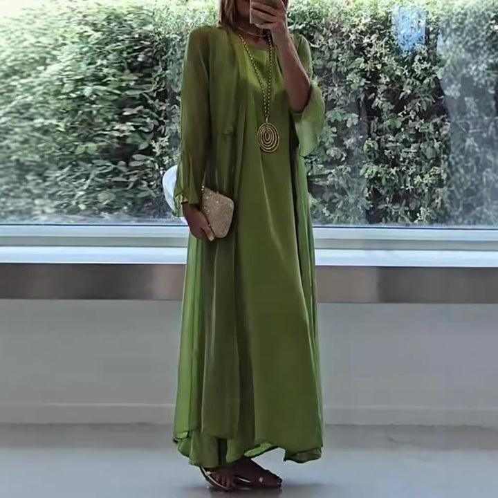 Damen nan doppellagiges Abendmaxikleid mit transparentem Überwurf, geschmeidigem Innenkleid, Taillenbändern und Trompetenärmeln Drune