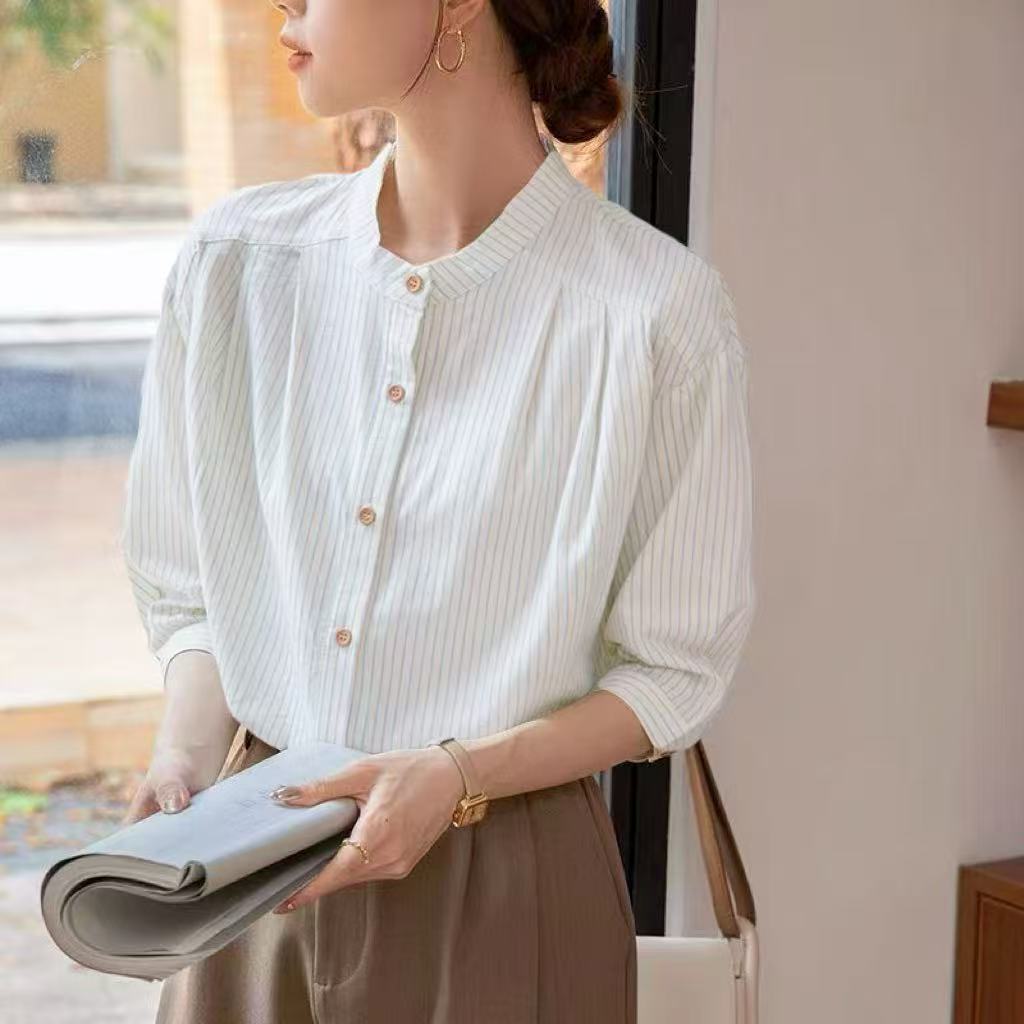 Damen Elegante gestreifte Bluse mit traditionellem Stehkragen Drune