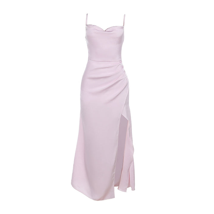 Damen Satin-Maxikleid mit elegantem Stehkragen und seitlichem Schlitz Drune