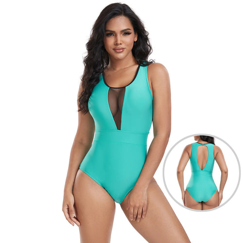 Damen Sportlicher Einteiler Badeanzug mit transparentem Mesh-Einsatz Drune