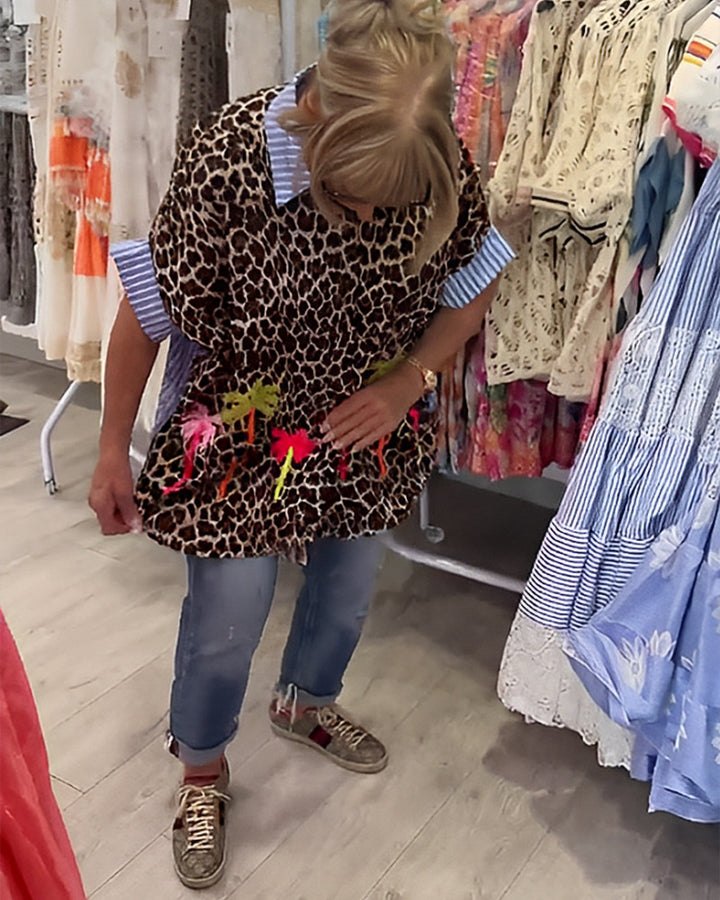 Damen nan weit geschnittene Poncho-Tunika mit Leoprint und dekorativen Flamingo-Applikationen Drune