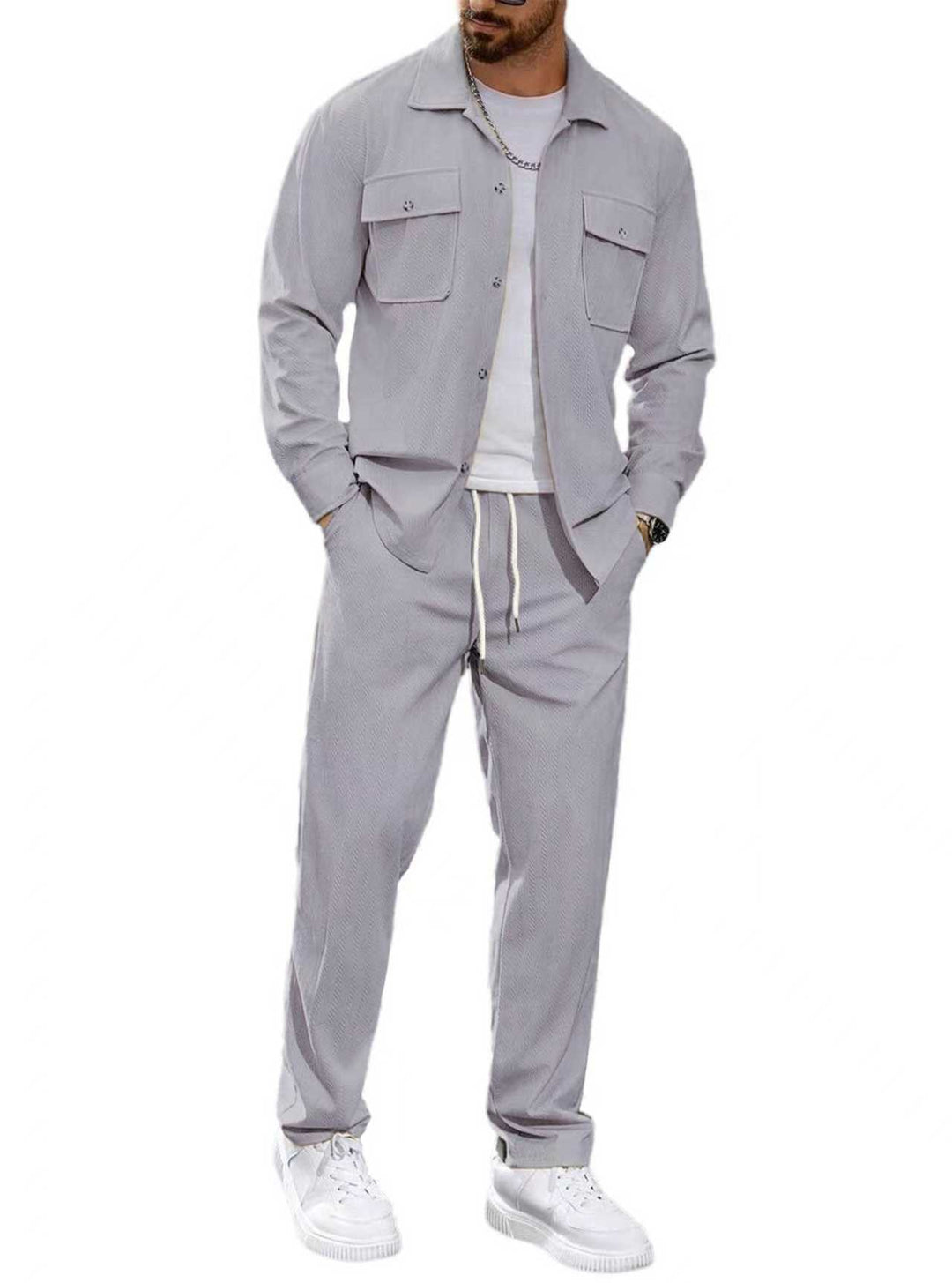 Herren nan lässiger Zweiteiler Hemdjacke mit aufgesetzten Brusttaschen und Kordelzughose Drune