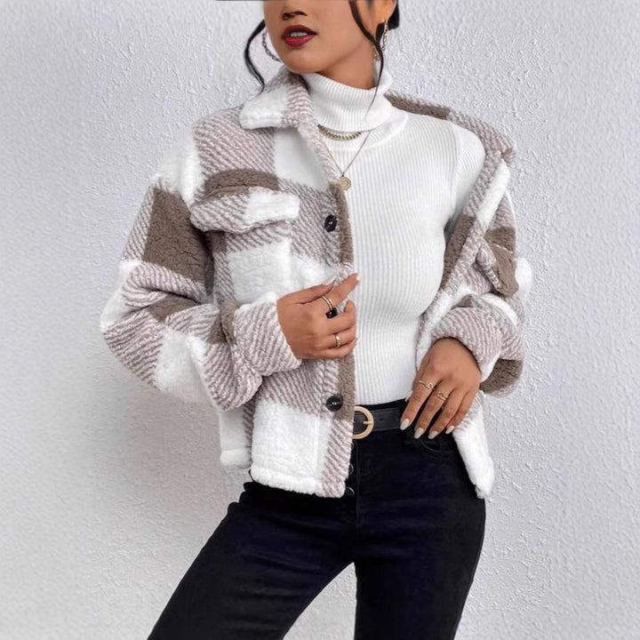Damen Kuschelige Karojacke mit Umlegekragen Drune