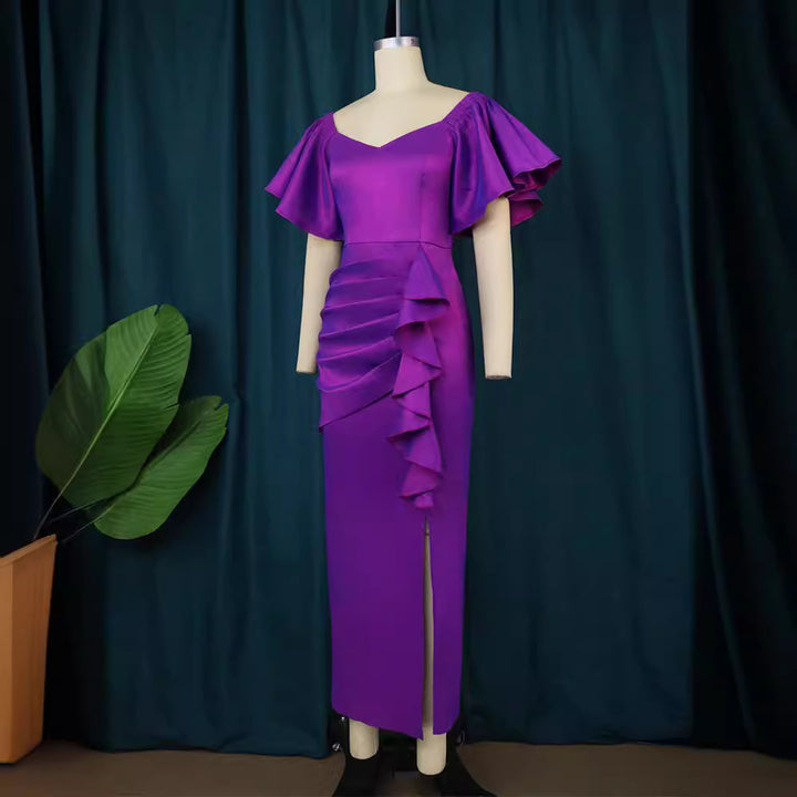 Damen Elegantes Maxikleid mit voluminösen Ärmeln und asymmetrischem Rüschen-Design Drune