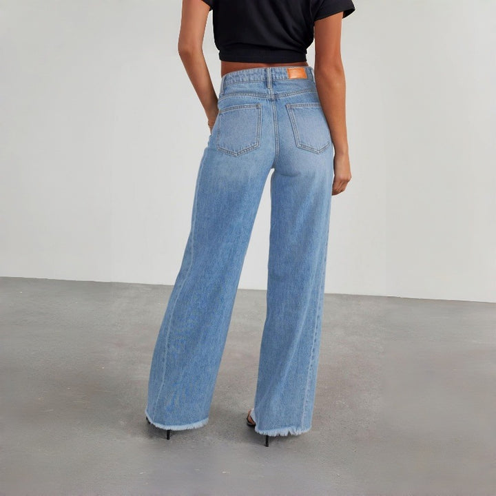 Damen Weite Denim-Hose mit rohem Saum und praktischen Taschen Drune