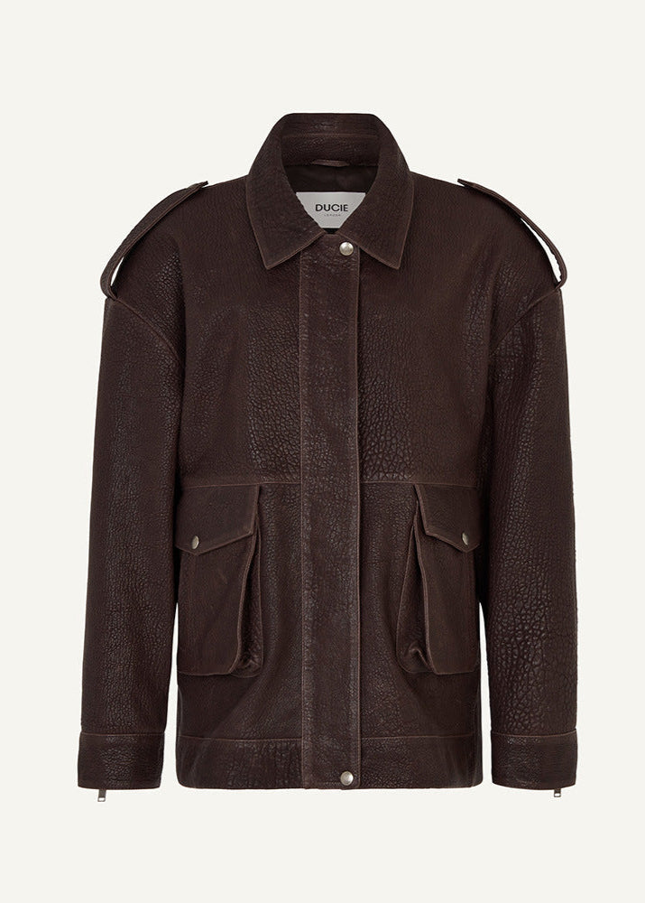 Drune | Edge - Dunkelbraune Lederjacke mit Utility-Taschen