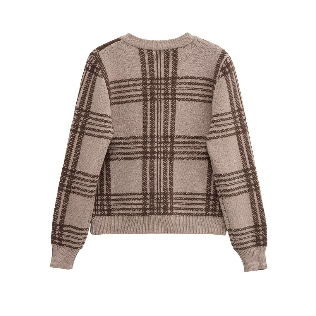 Damen Karierte Strickjacke mit Knopfleiste und Rundhalsausschnitt Drune