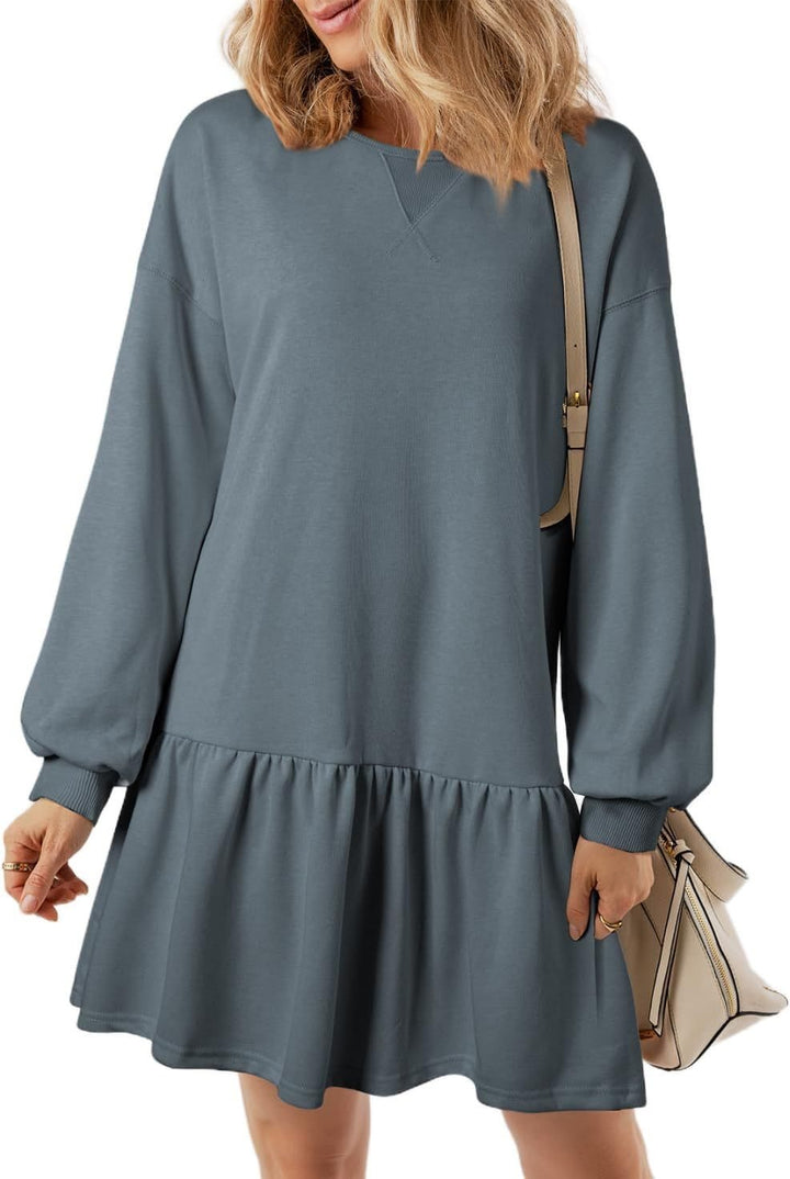 Damen Lässiges Sweatkleid mit V-Ausschnitt und Rüschensaum Drune