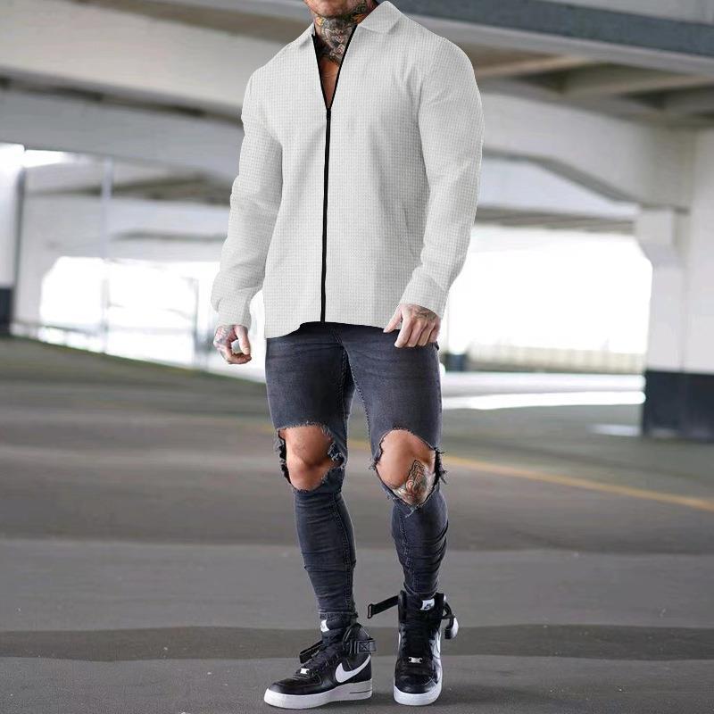 Herren nan strukturiertes Langarm-Hemdjacke mit verdecktem Halbzip, Kentkragen und leichter Waffelstruktur Drune