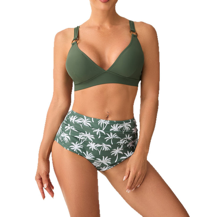 Damen Hochtailliertes Bikini-Set mit verstellbaren Trägern und stilvollem Palmendruck Drune