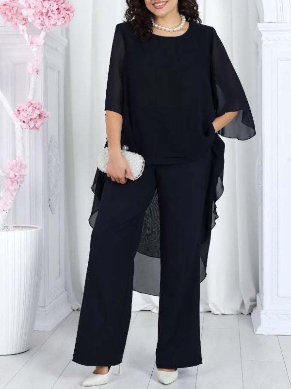 Damen Schicke Tunika mit Transparenter Überlagerung und Eleganten Pants Drune