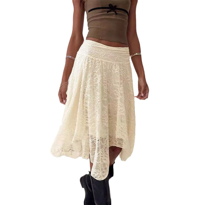 Damen moderne Spitzenmidi-Rock mit asymmetrischem Saum Drune