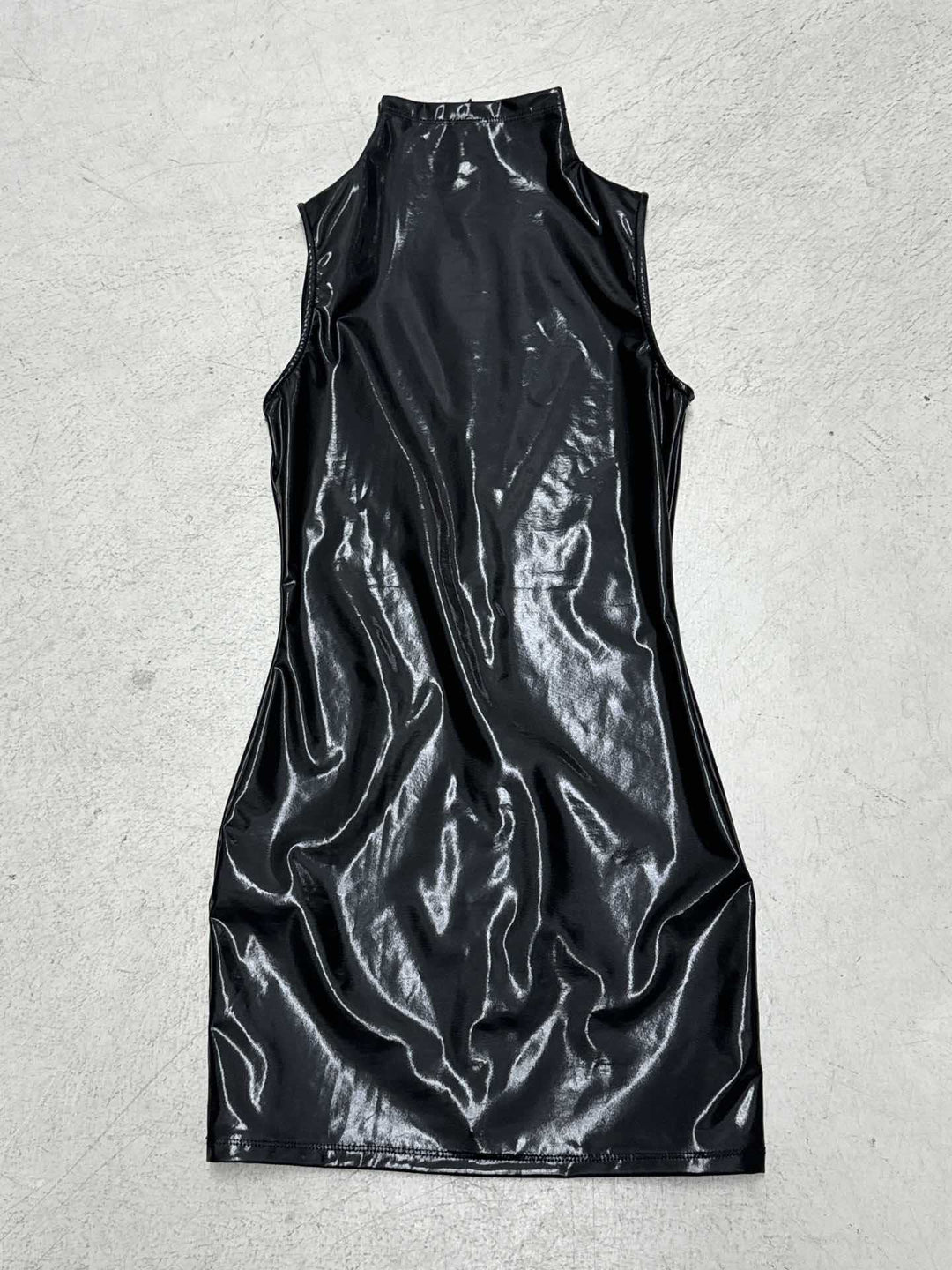 Damen elegantes Kunstleder Mini-Kleid mit hochgeschlossenem Kragen und voluminösen Ärmeln Drune
