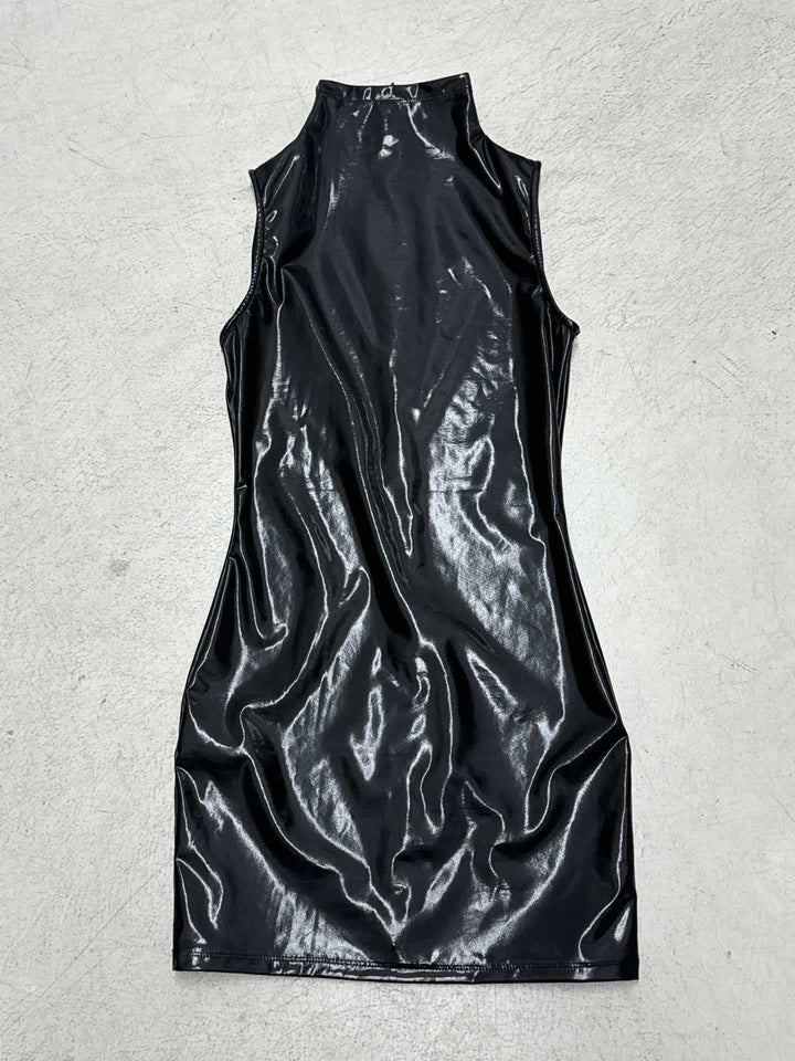 Damen elegantes Kunstleder Mini-Kleid mit hochgeschlossenem Kragen und voluminösen Ärmeln Drune