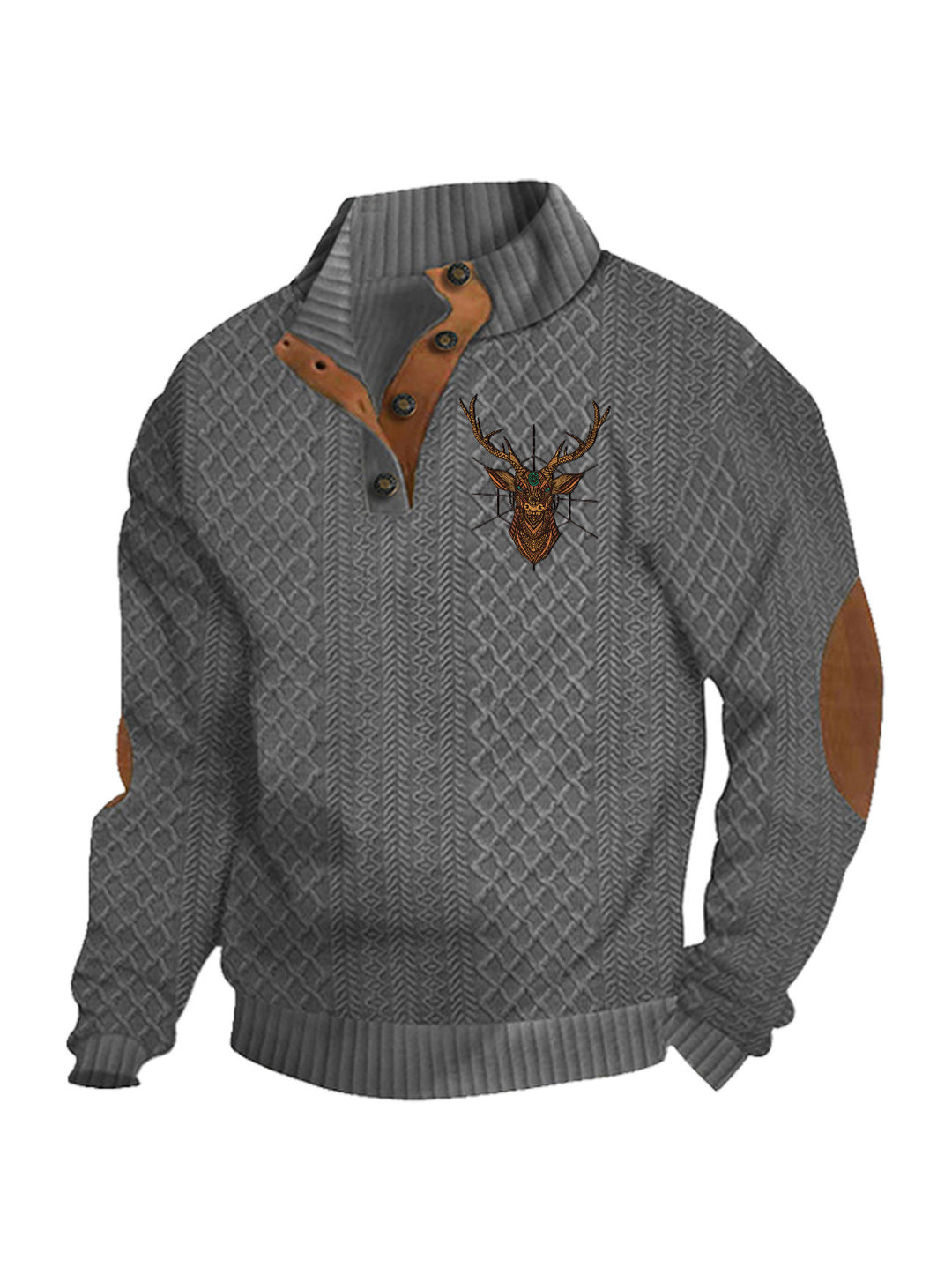 Herren nan Heritage-Strukturpullover mit Stehkragen Lederimitat-Besatz Ellenbogen-Patches und Halbknopfleiste Drune