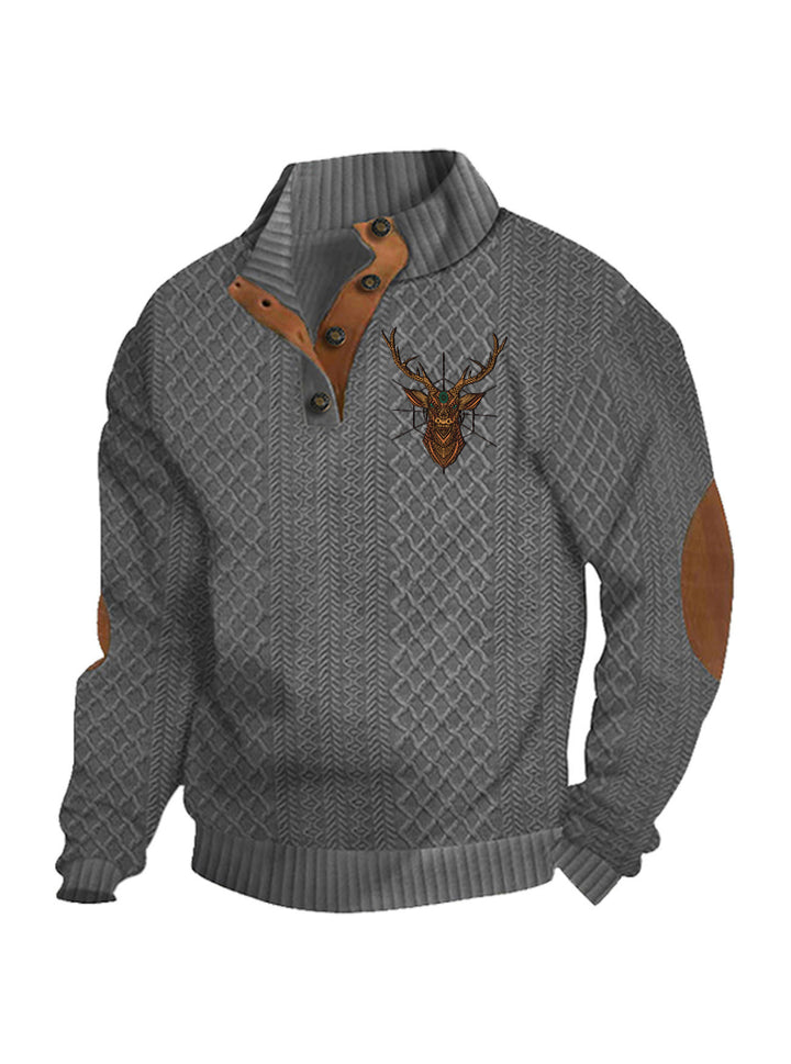 Herren nan Heritage-Strukturpullover mit Stehkragen Lederimitat-Besatz Ellenbogen-Patches und Halbknopfleiste Drune