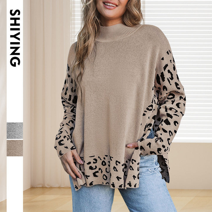 Damen lässiges Oversized-Pullover mit animalischem Muster und hohem Kragen Drune