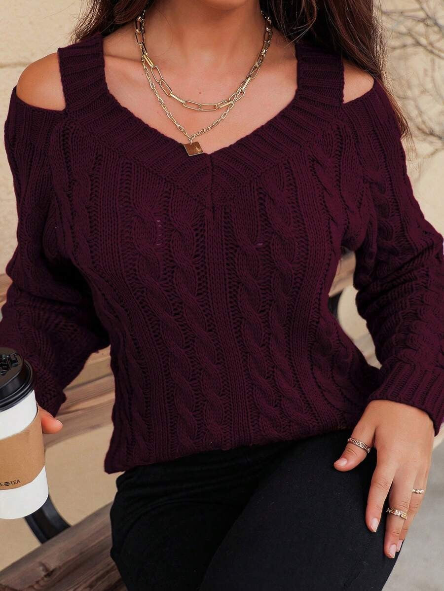 Damen Pullover mit Kalt-Schulter und strukturiertem Zopfmuster Drune