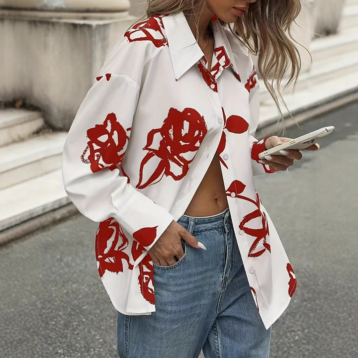 Damen Oversized Floral Print Button-Up Hemd Drune