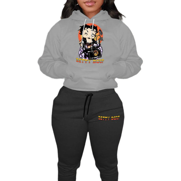 Damen modernes Kapuzenpullover und lässige Jogginghose Set mit künstlerischem Cartoon-Druck Drune