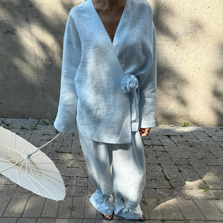 Damen eleganter Leinenanzug mit raffinierten Rüschen Drune