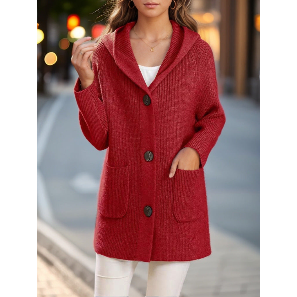 Damen nan lange gerippte Kapuzen-Strickjacke mit aufgesetzten Taschen und markanten Knöpfen Drune