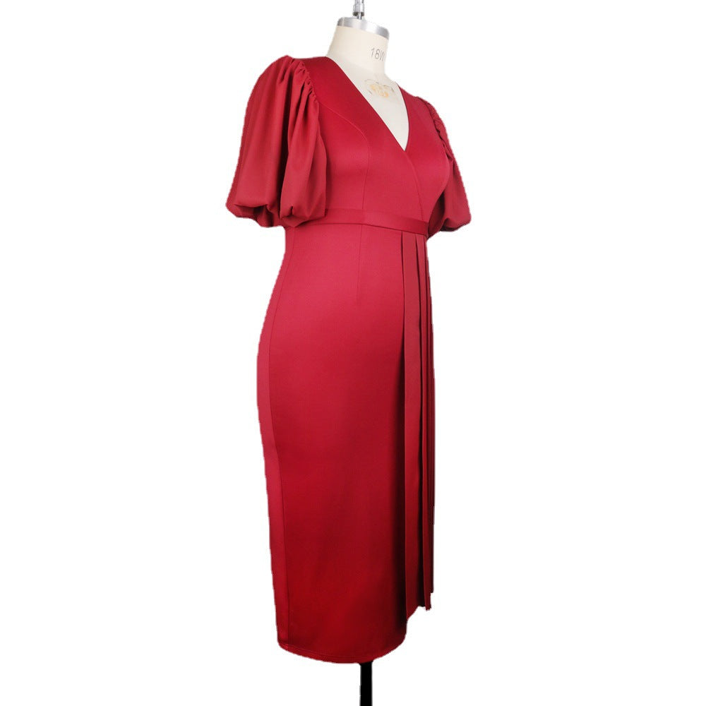 Damen elegantes Faltenkleid mit V-Ausschnitt und voluminösen Ärmeln Drune