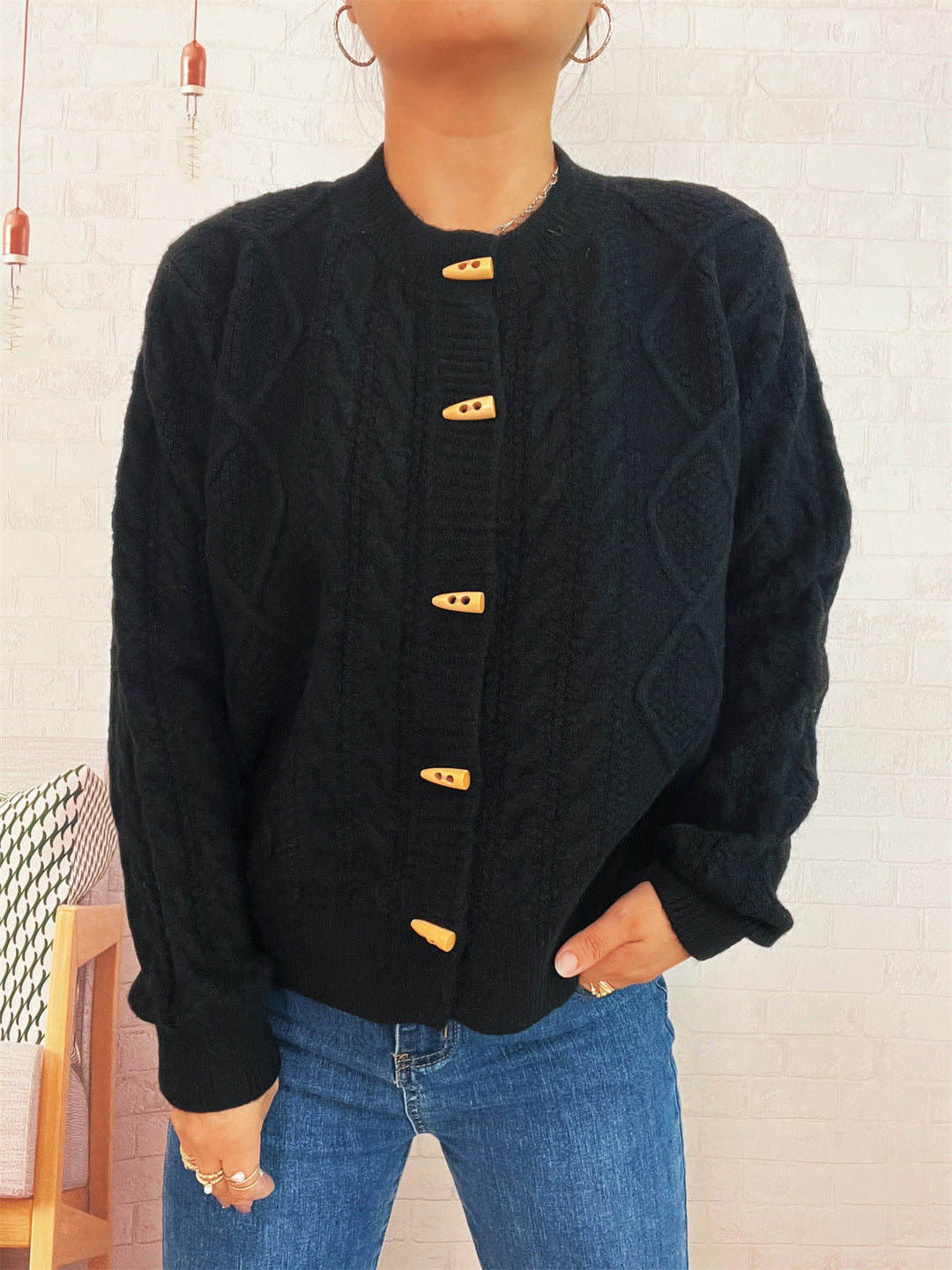 Damen Strickjacke mit dekorativen Knöpfen und strukturierter Webart Drune