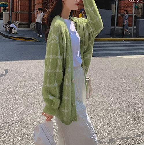 Damen Kuscheliger Oversized-Strickcardigan mit Karomuster Drune
