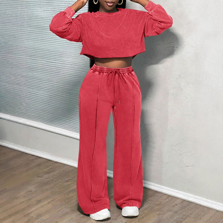 Damen lässiges Crop-Oberteil und weit geschnittene Hose Set Drune