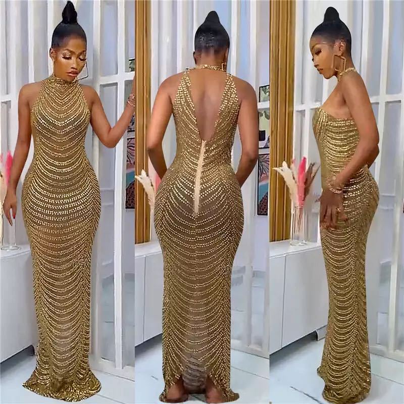Damen Glamouröses Pailletten-Maxikleid mit figurbetontem Schnitt und schickem Rückenausschnitt Drune