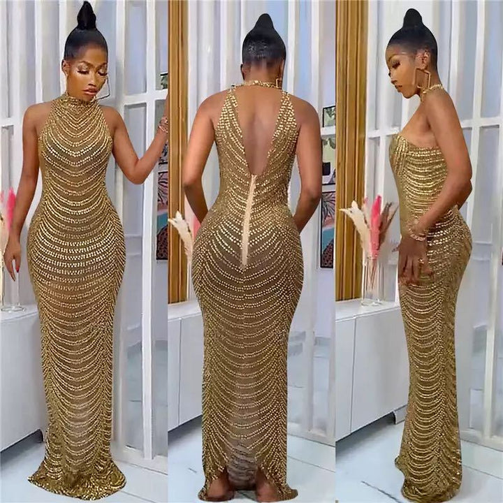 Damen Glamouröses Pailletten-Maxikleid mit figurbetontem Schnitt und schickem Rückenausschnitt Drune