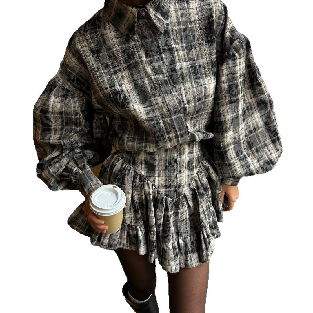 Damen Karottenkleid mit voluminösen Ärmeln und verspieltem Rüschensaum Drune