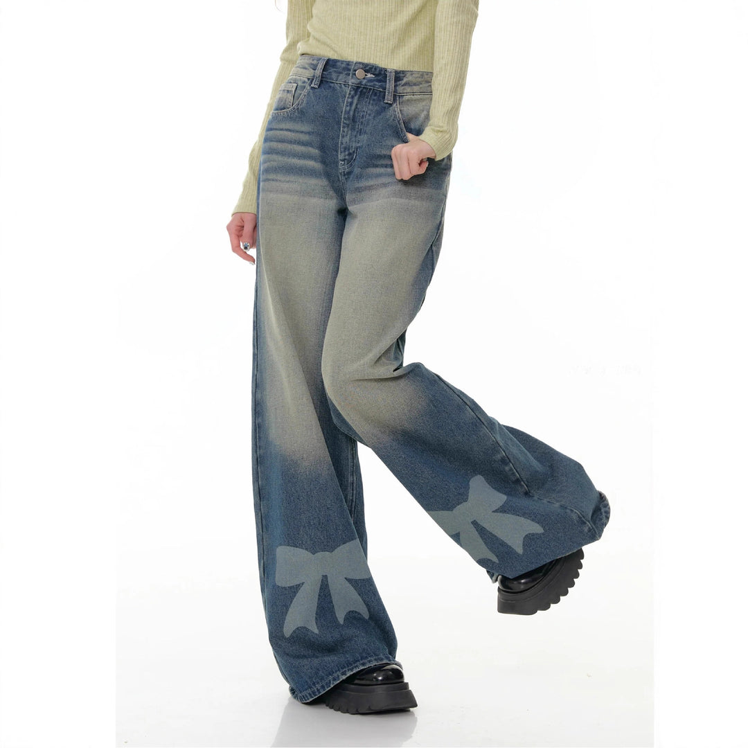 Damen nan hochtaillierte Palazzohose aus Denim mit extra weitem Bein und Schleifenprint Drune