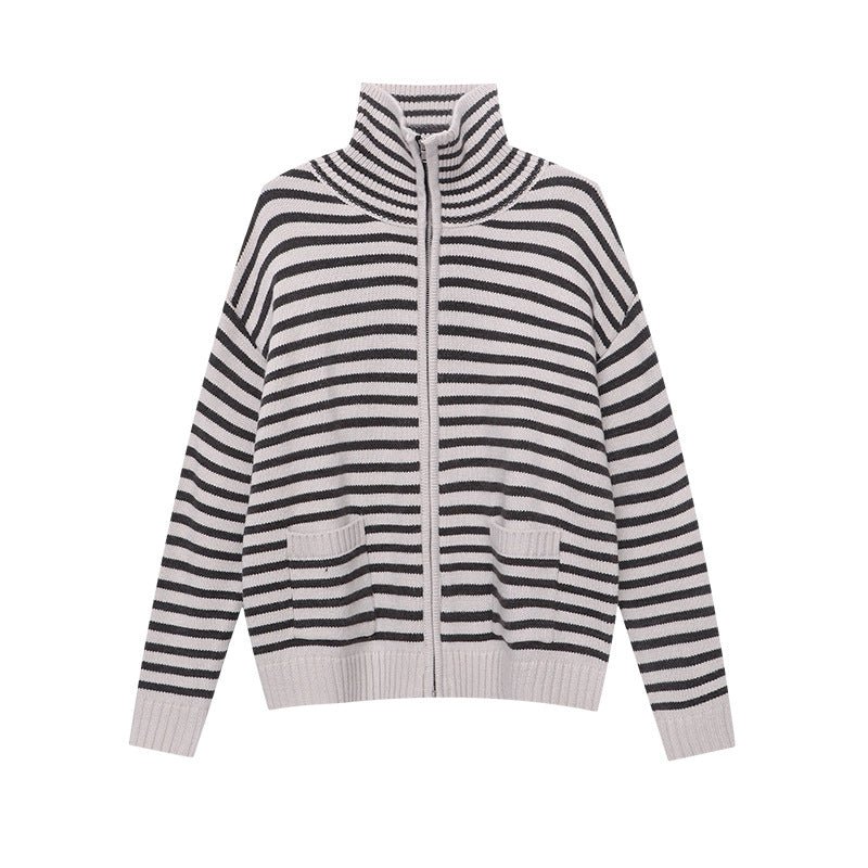 Damen lässige Strickjacke mit gestreiftem Design und hoher Kragen Drune