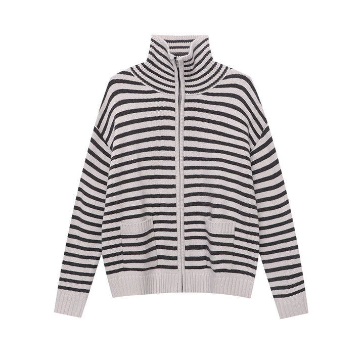 Damen lässige Strickjacke mit gestreiftem Design und hoher Kragen Drune