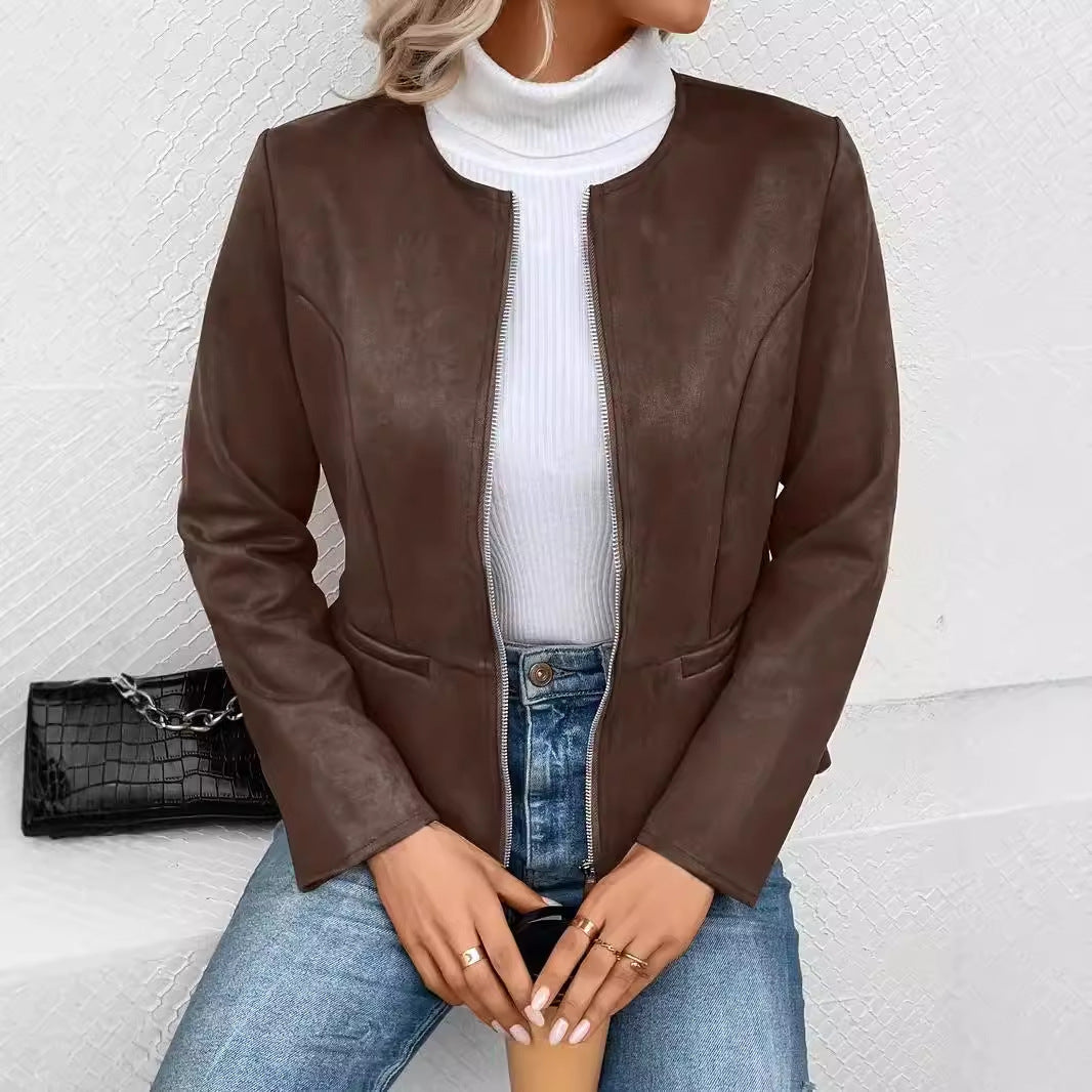 Damen modische Kunstlederjacke mit femininer Passform und Reißverschluss Drune