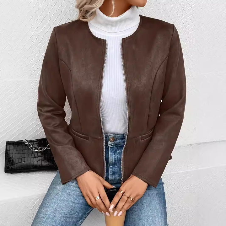Damen modische Kunstlederjacke mit femininer Passform und Reißverschluss Drune