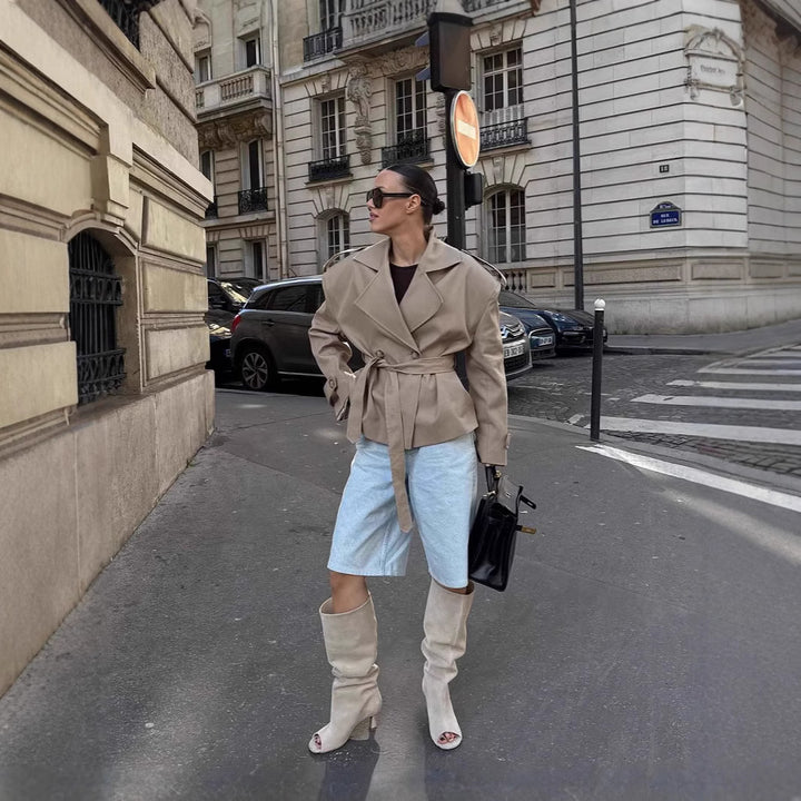 Damen Trenchcoat mit breiten Schultern und Taillengürtel Drune