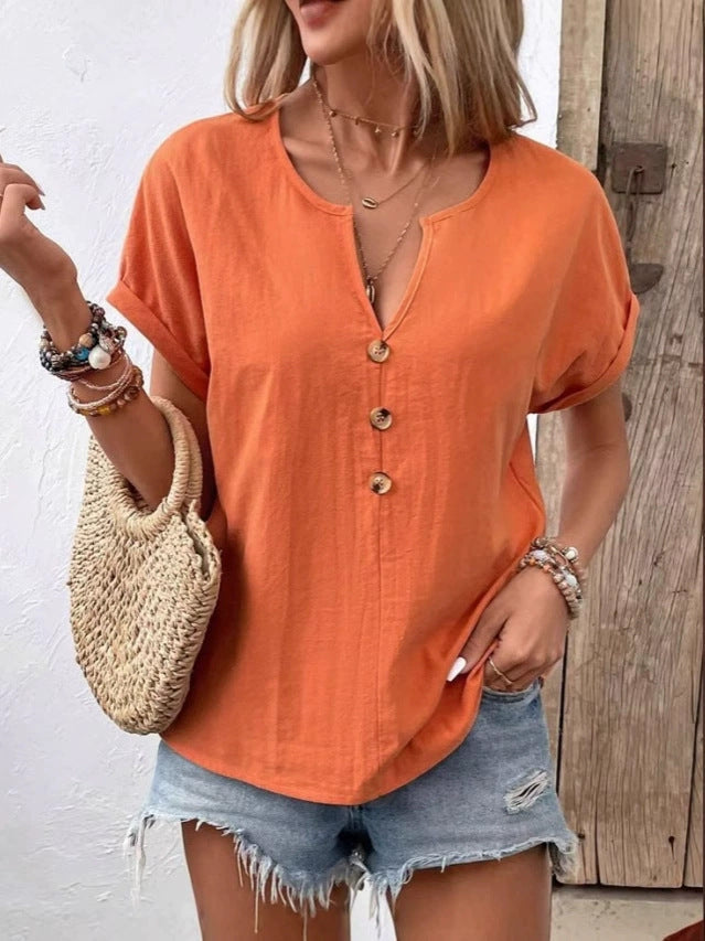 Damen Kurzarm Bluse mit Knopfleiste und lässigem Schnitt Drune