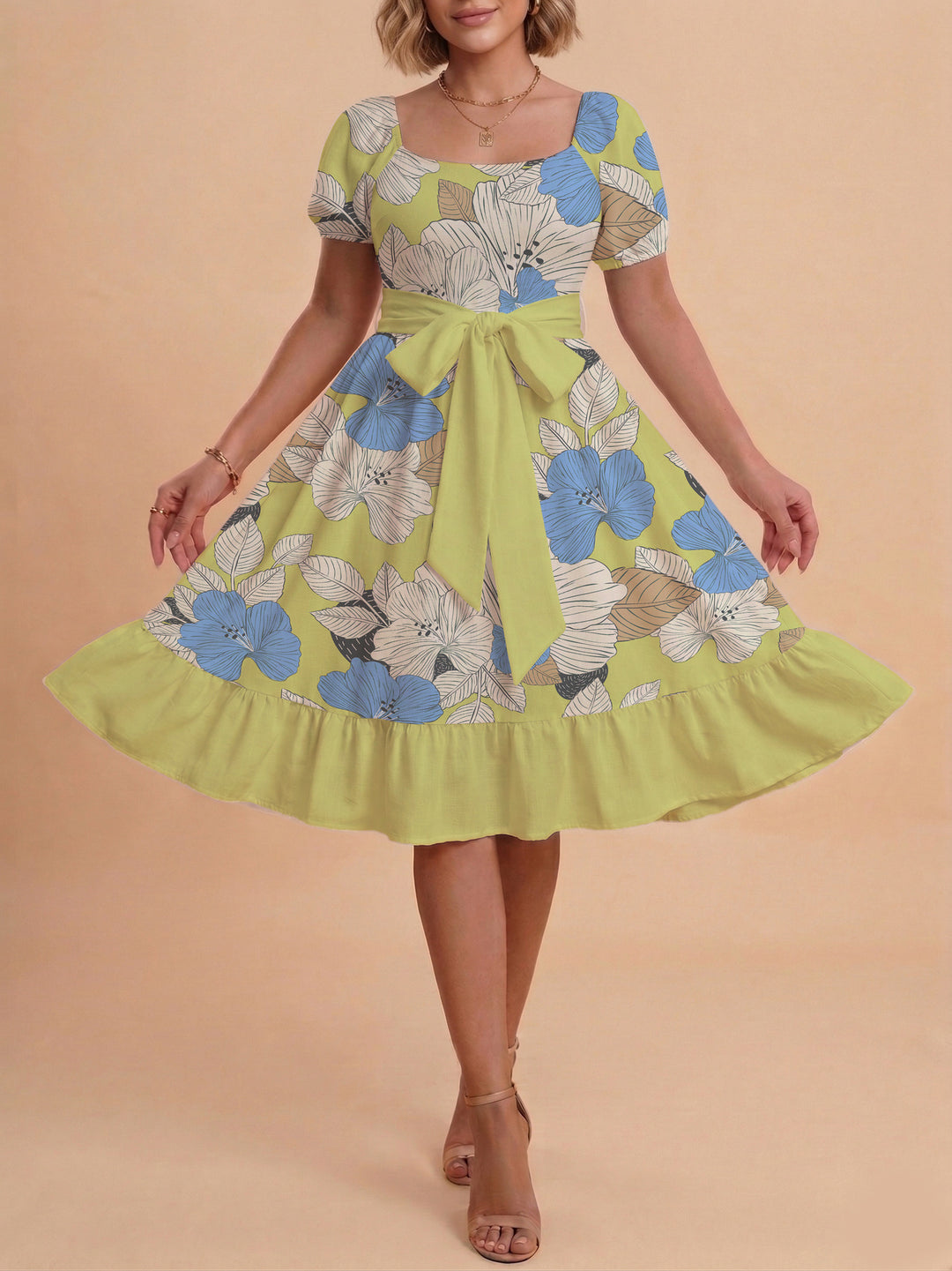 Damen Blumenkleid mit taillierbarem Gürtel und voluminösen Ärmeln Drune