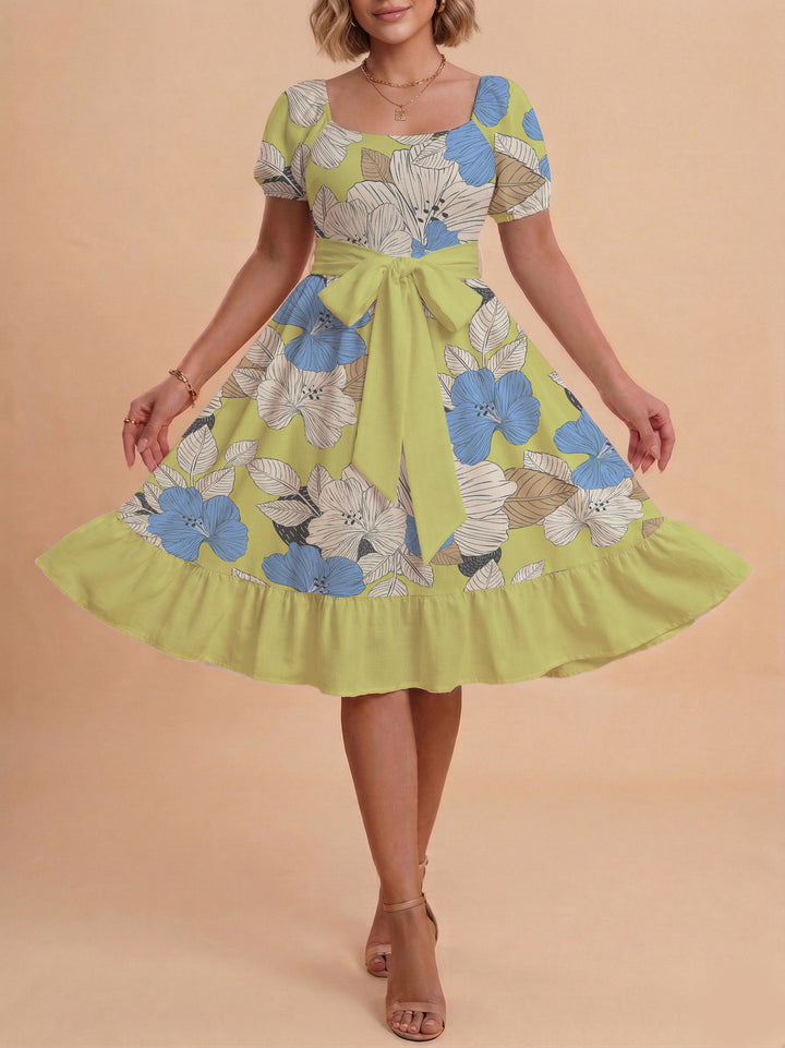 Damen Blumenkleid mit taillierbarem Gürtel und voluminösen Ärmeln Drune