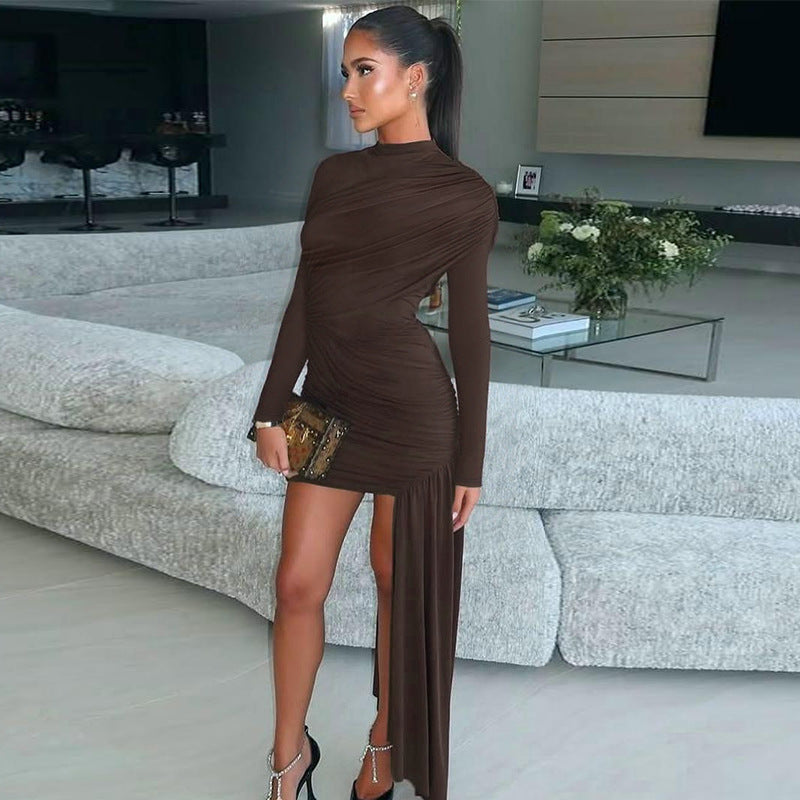 Damen elegantes Wickelkleid mit asymmetrischem Schnitt und langem Ärmel Drune