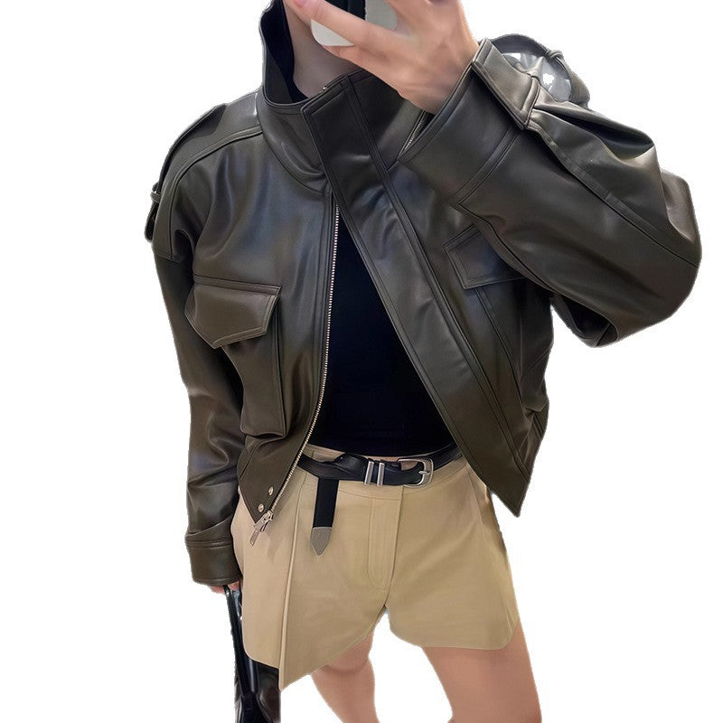 Damen ausgefallene Lederjacke mit voluminösen Ärmeln Drune