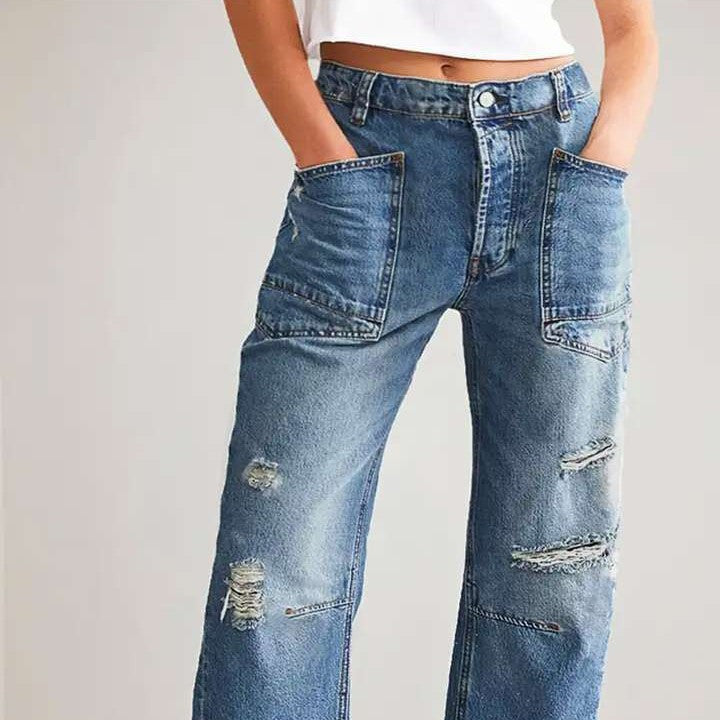 Damen weit geschnittene Jeans mit kreativen Taschen und Destroyed-Details Drune