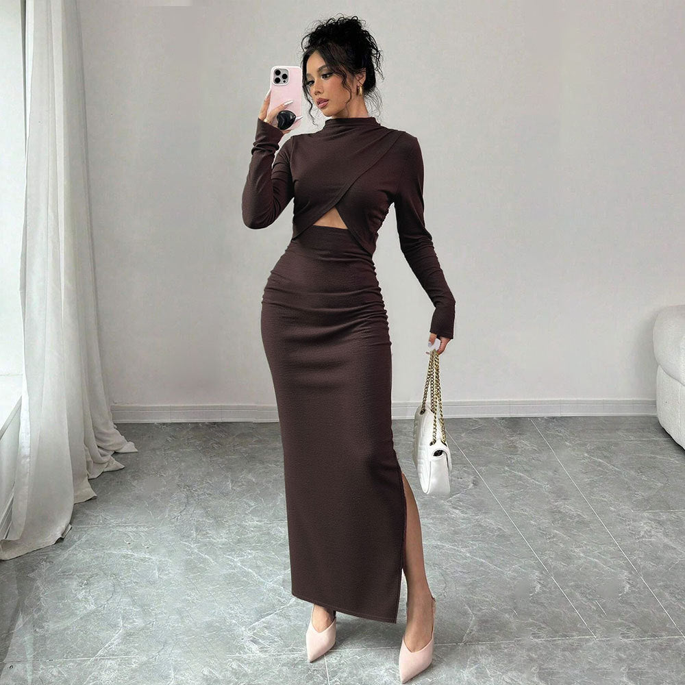 Damen Wickelkleid mit raffiniertem Schlitz und eleganten langen Ärmeln Drune