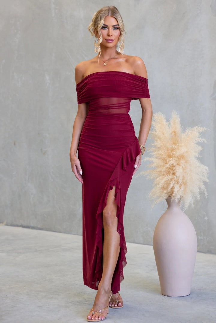 Damen Off-Shoulder Maxikleid mit raffiniertem Schnitt und sexy Schlitz Drune