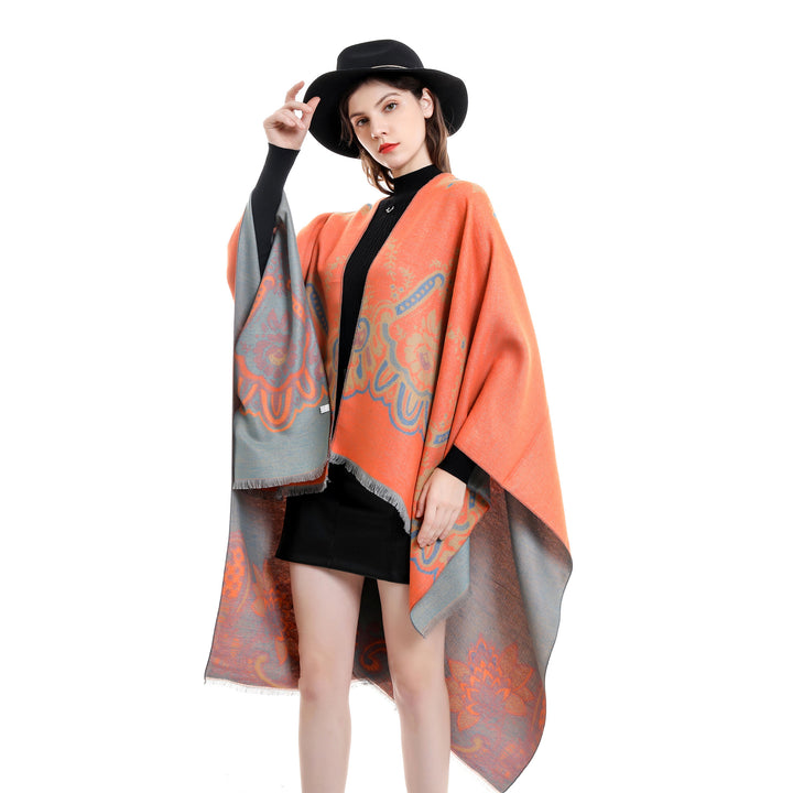 Damen Eleganter Kimono-Poncho mit kunstvollem Muster und fransigen Kanten Drune