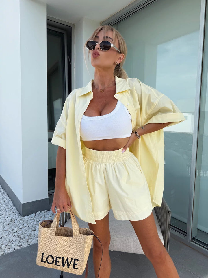 Damen Tragekomfortable Kurzarm-Bluse und Shorts Set Drune