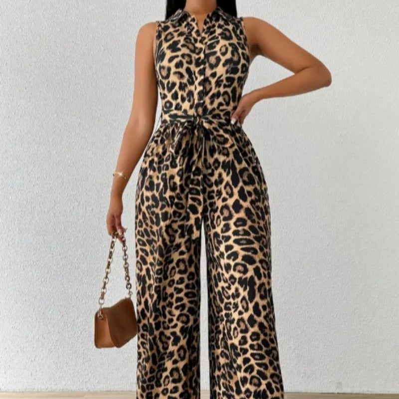 Damen Jumpsuit mit Leopardenmuster und Taillengürtel Drune